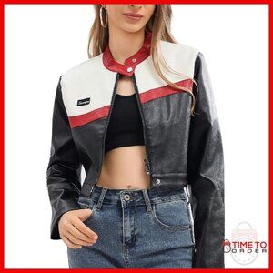 Cropped Faux Leather Moto Jacket Zip Up Bomber Women's Size M